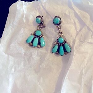Vintage Handmade  Sterling Silver Turquoise Earrings signed Bill & Lou Zuni
